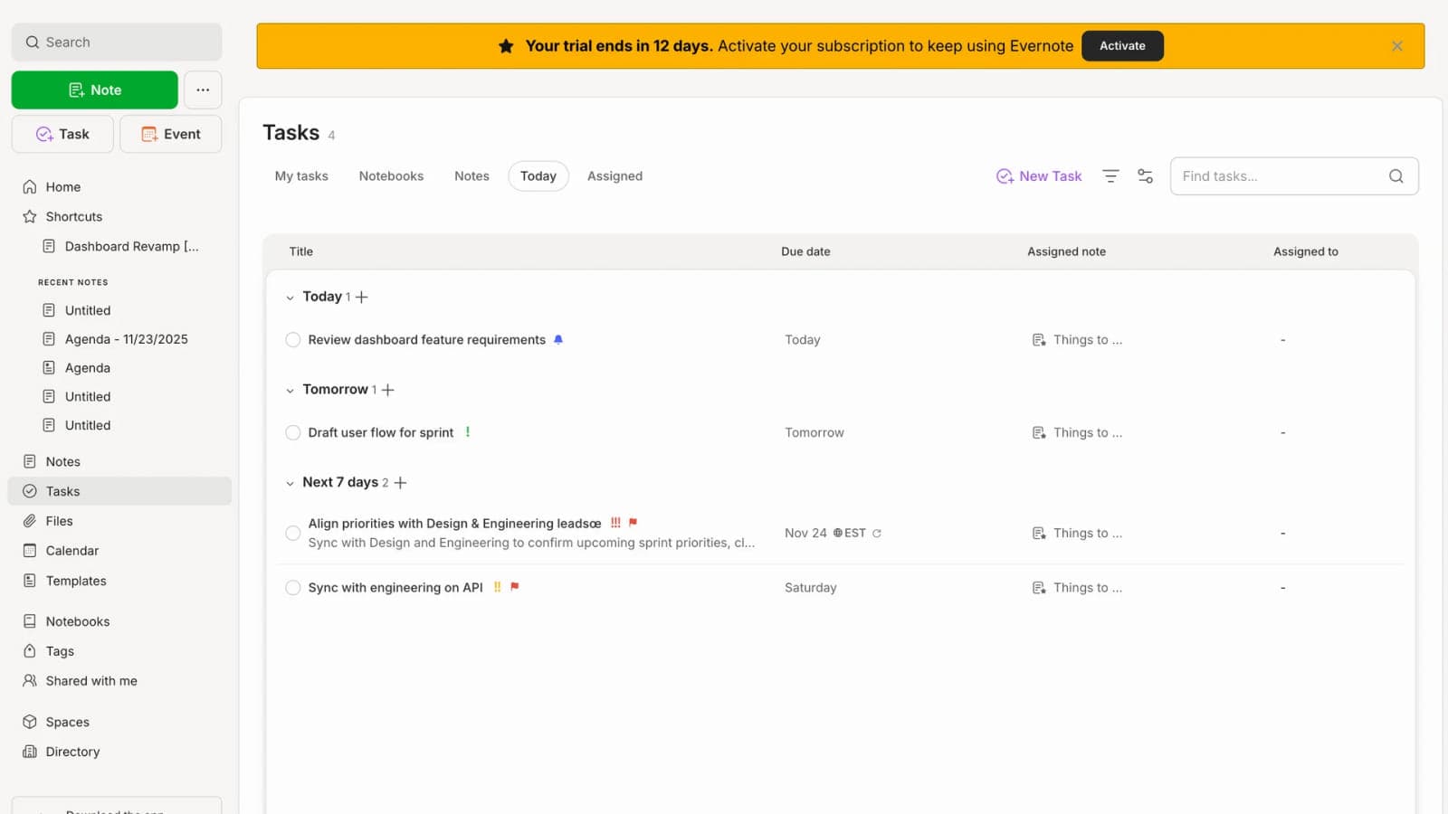 Интерфейс табов на примере приложения Evernote