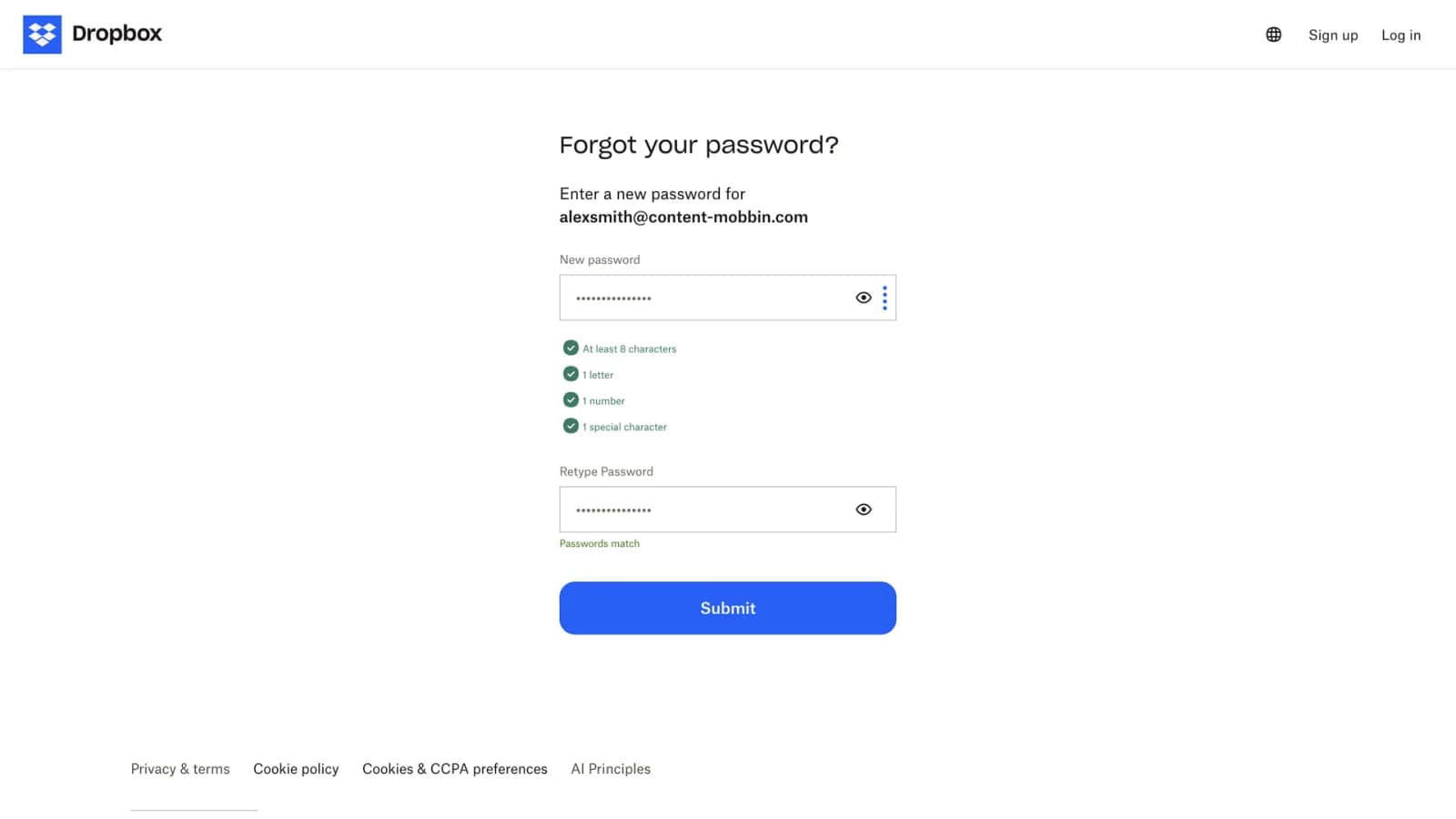 Дизайн подсказок к паролю в интерфейсе Dropbox