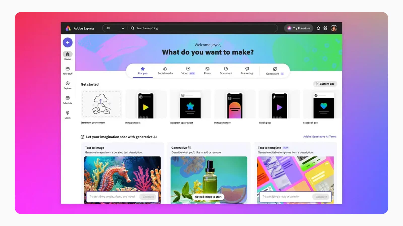 Главная страница интерфейса Adobe Express