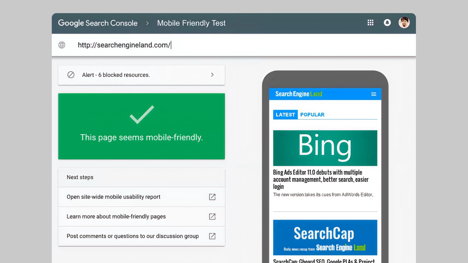 Пример проведения Mobile Friendly Test в Google Search Console