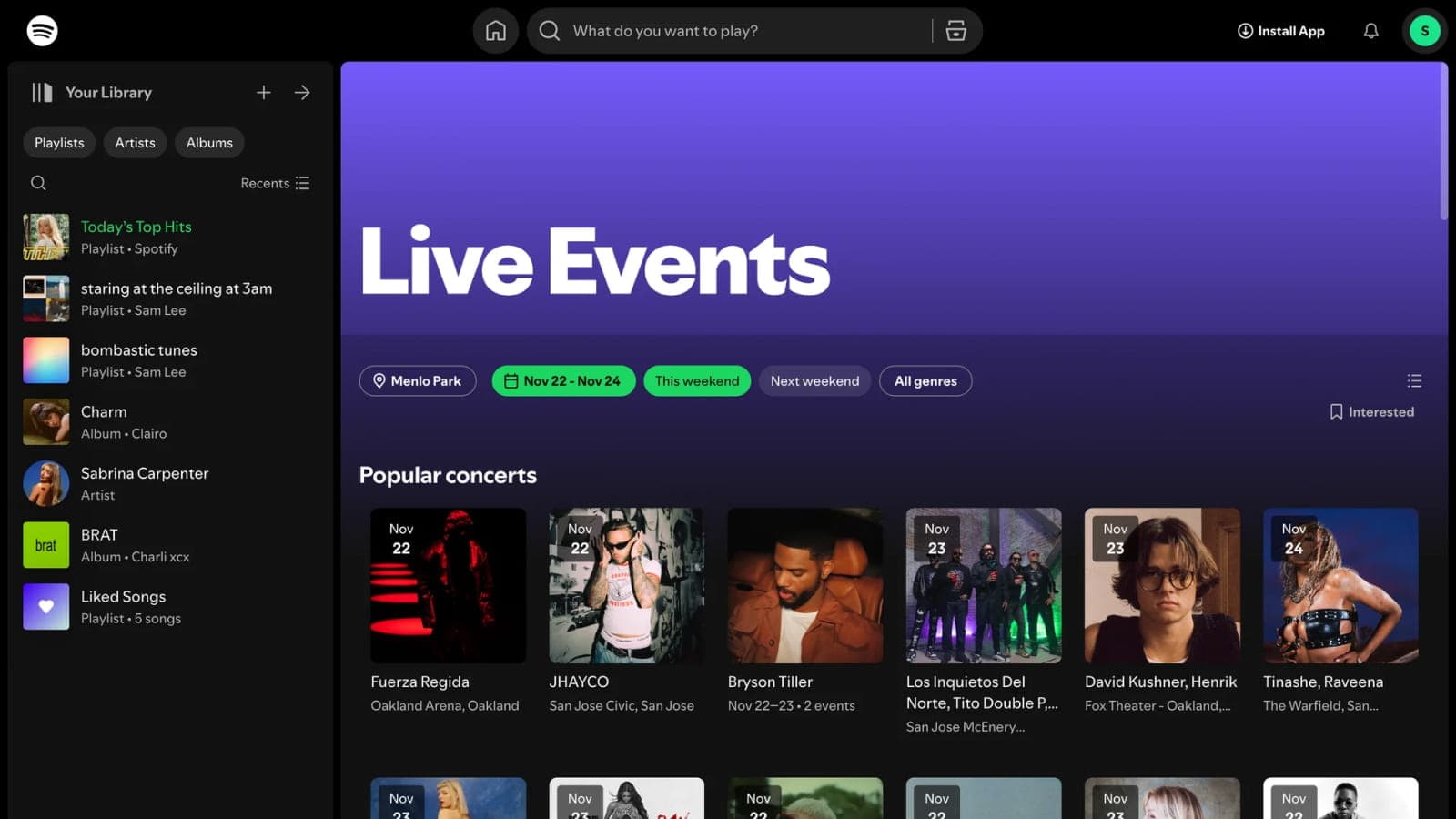 Дизайн страницы событий в интерфейсе Spotify с использованием зеленого цвета