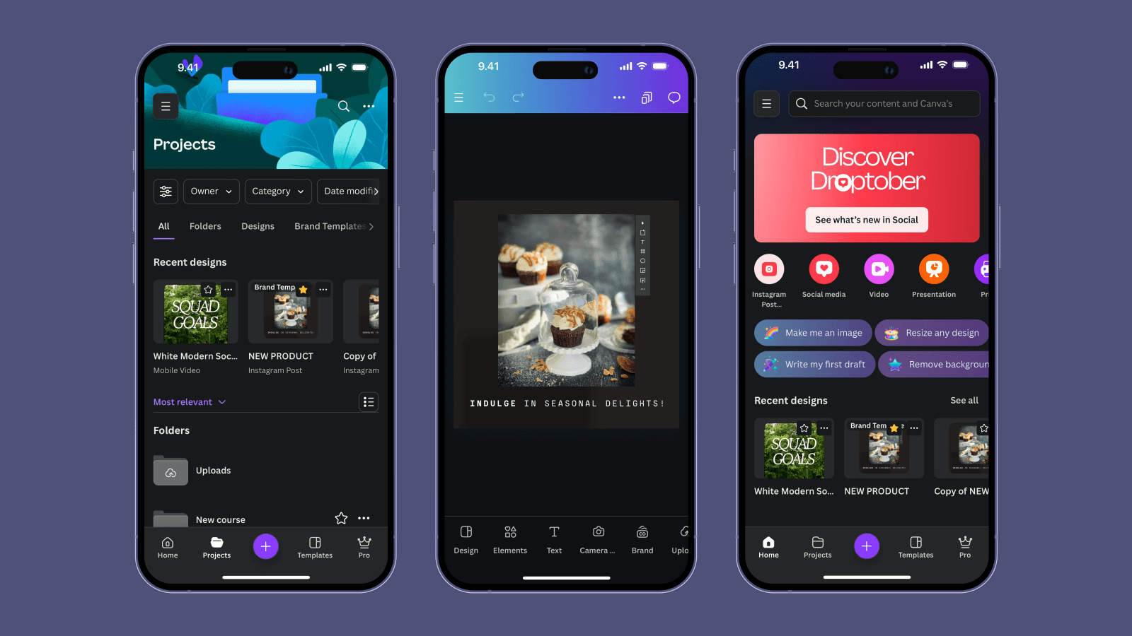 Темная тема с тенями в интерфейсе Canva
