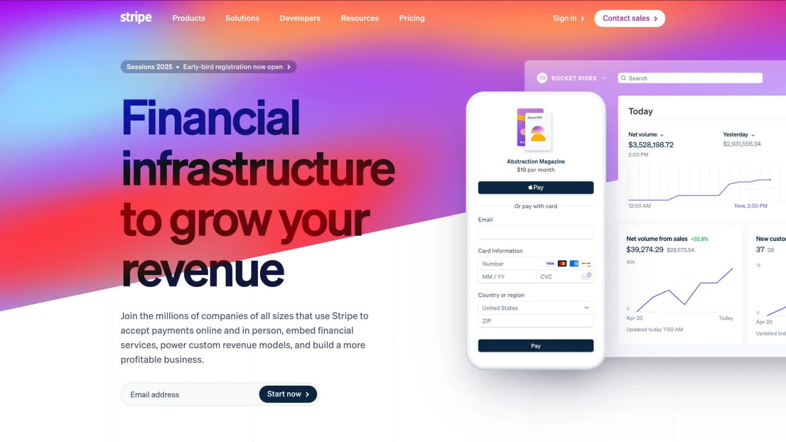 Фрагмент интерфейса Stripe Обновленный дизайн главной страницы Stripe