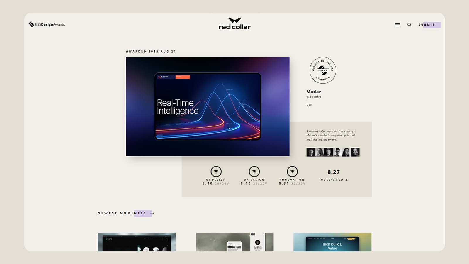 Фрагмент сайта CSS Design Awards Интерфейс сайта CSS Design Awards