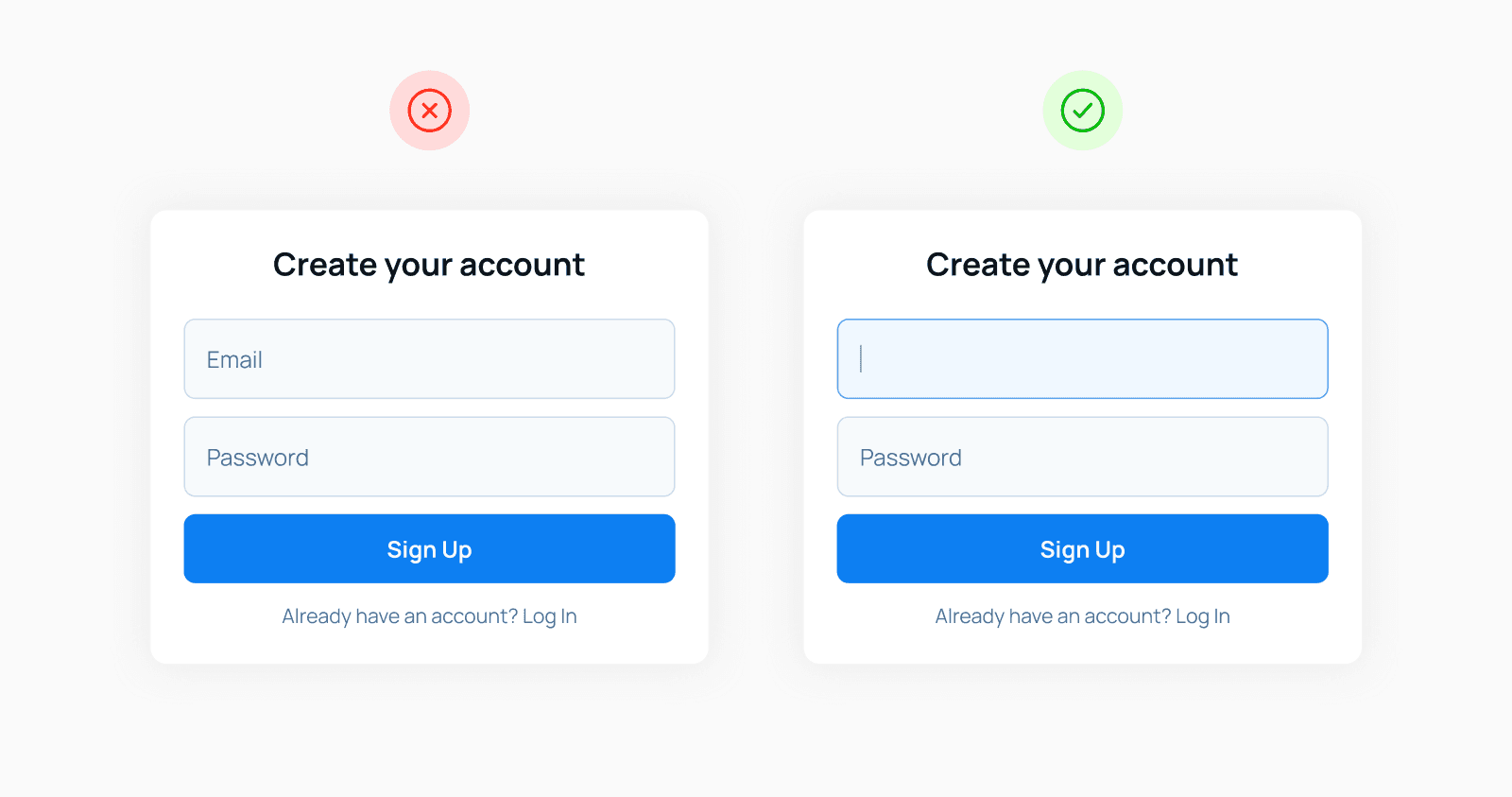 Автофокус на поле ввода в дизайне формы регистрации UI дизайн форм регистрации с автофокусом на поле ввода и без него