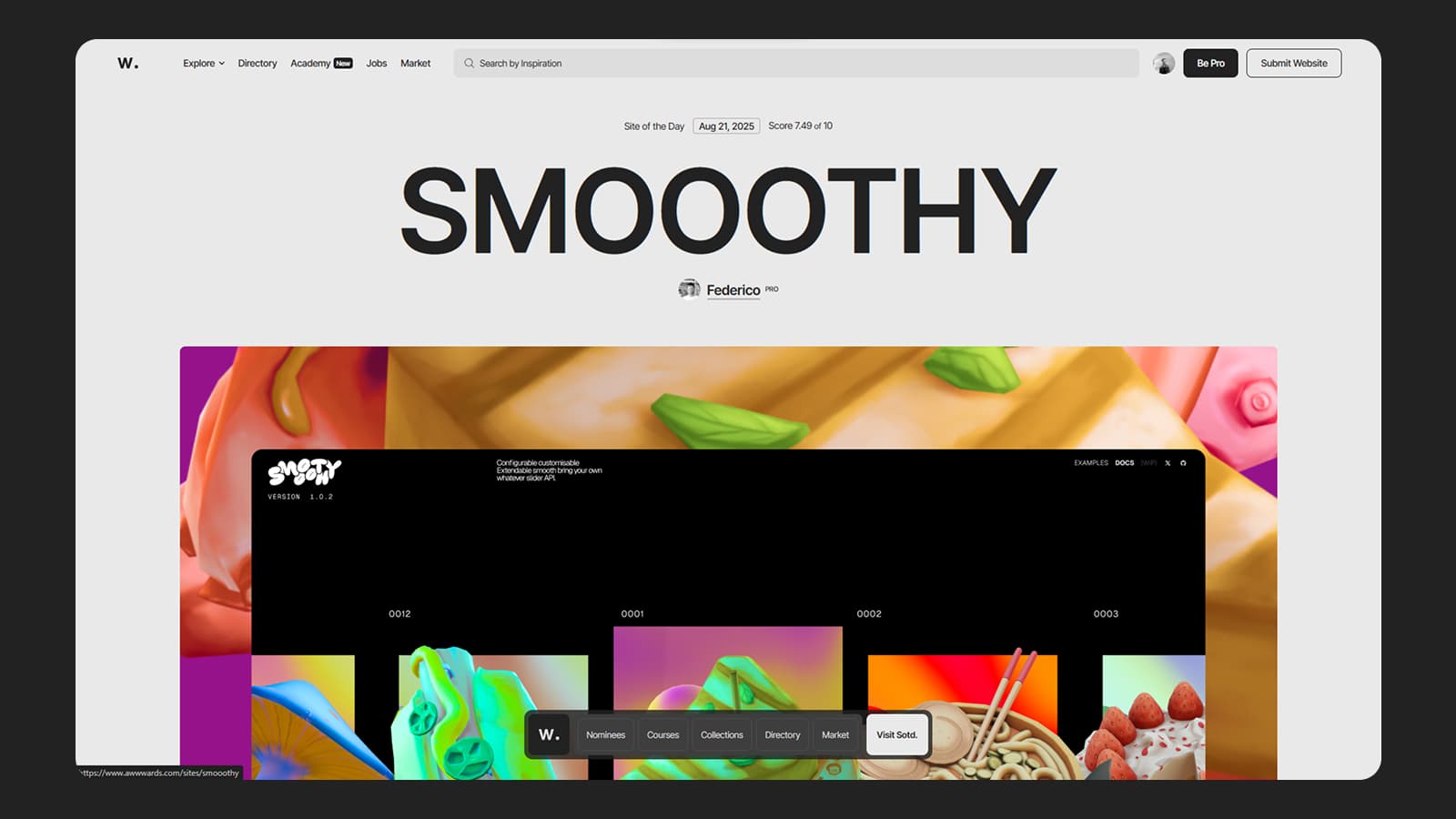 Фрагмент интерфейса Awwwards Дизайн сайта Smooothy на платформе Awwwards
