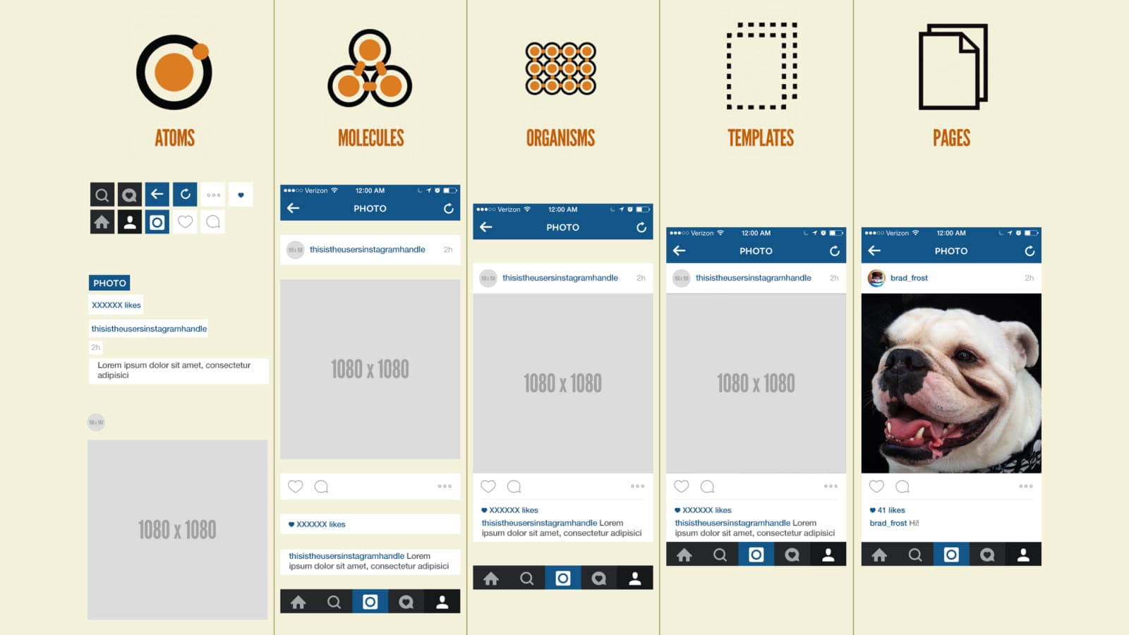 Пример структуры по методологии Atomic Design Структурное изображение методологии Atomic Design