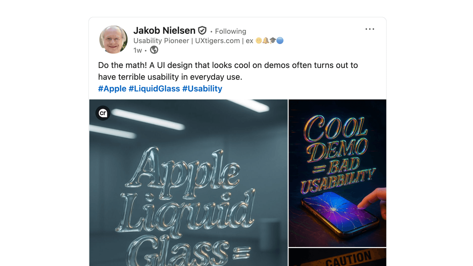 Комментарий Джейкоба Нильсена по поводу Liquid Glass Скриншот поста Джейкоба Нильсена касательно Liquid Glass в LinkedIn