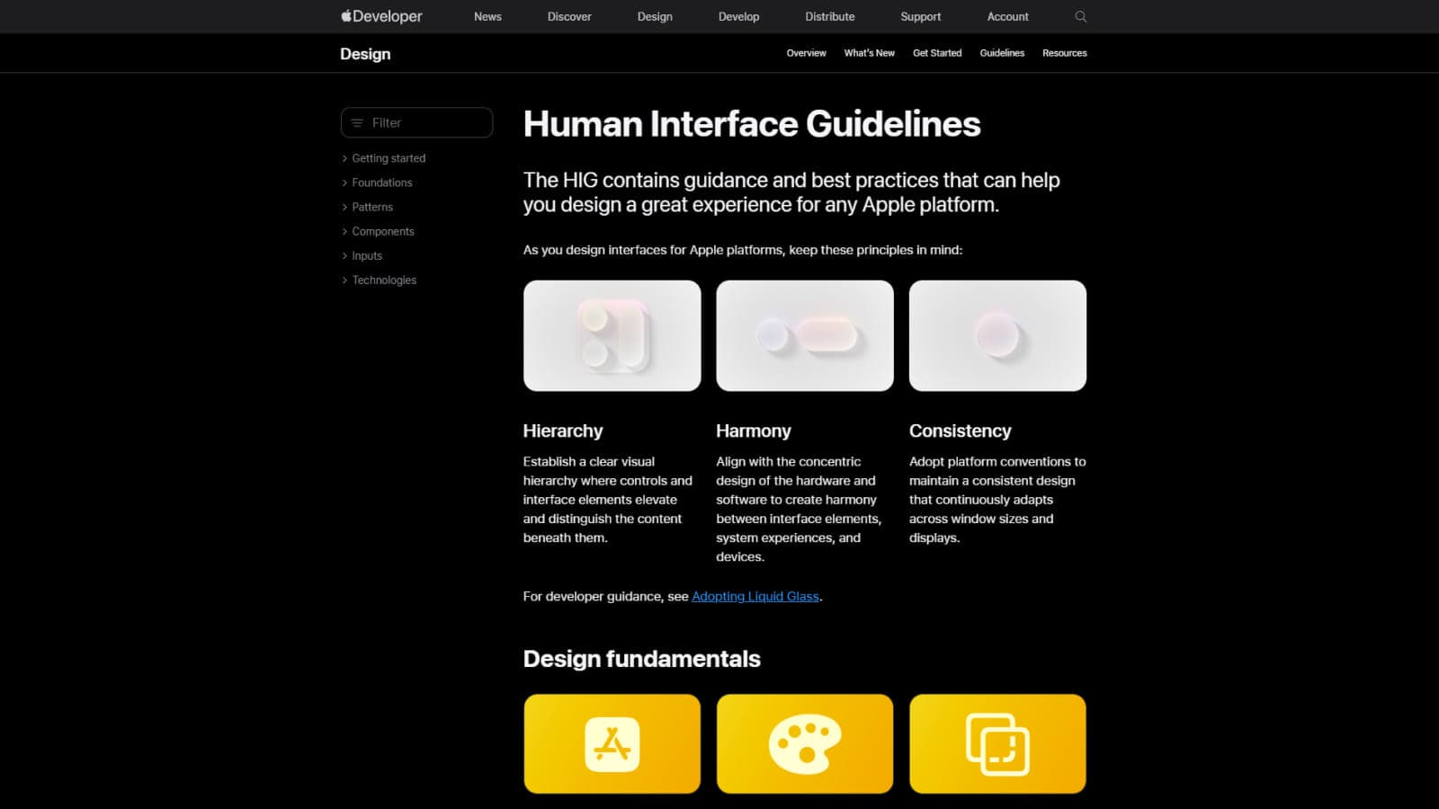 Фрагмент дизайна сайта Apple с разделом HIG Фрагмент дизайна сайта Apple с оформлением гайдлайнов HIG
