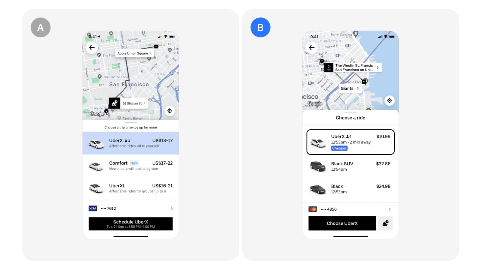 Дизайн мобильного приложения Uber A/B тест от Uber с разным выделением тарифов в интерфейсе