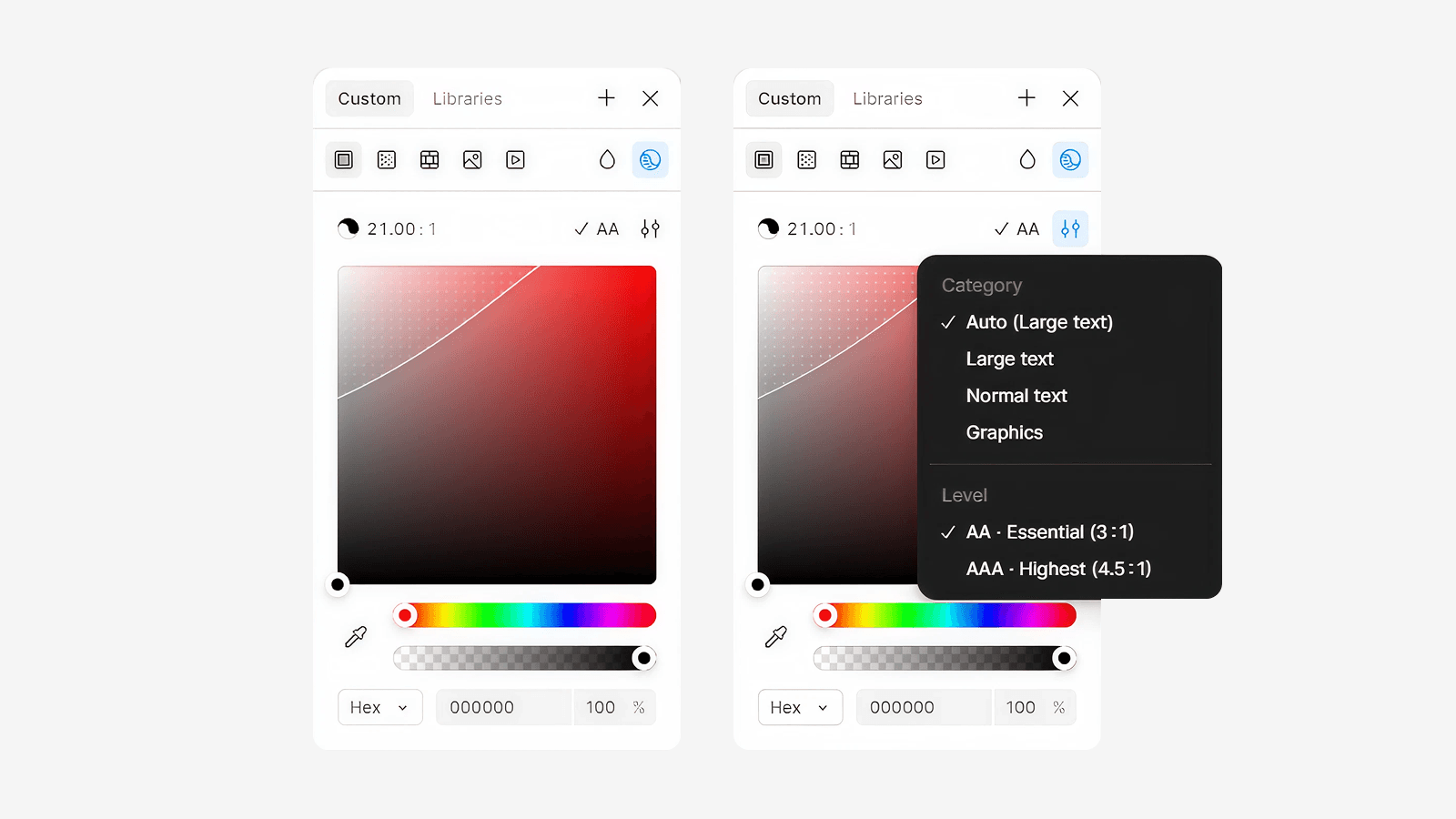 Color Contrast Checker, интегрированный в интерфейс Figma Функционал проверки контрастности цветов в Figma