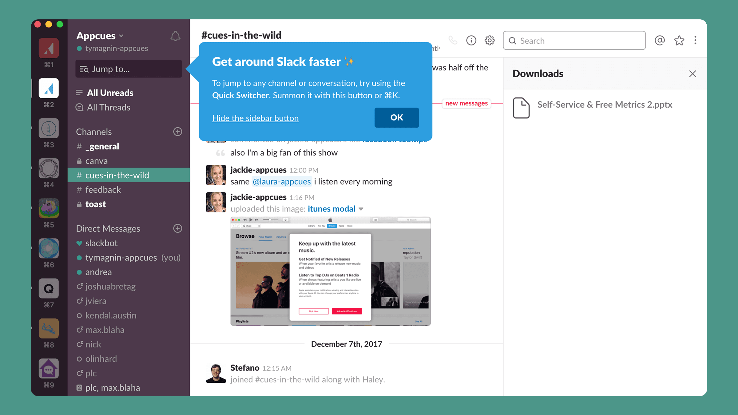 Фрагмент приложения Slack Синий акцентный tooltip в интерфейсе Slack
