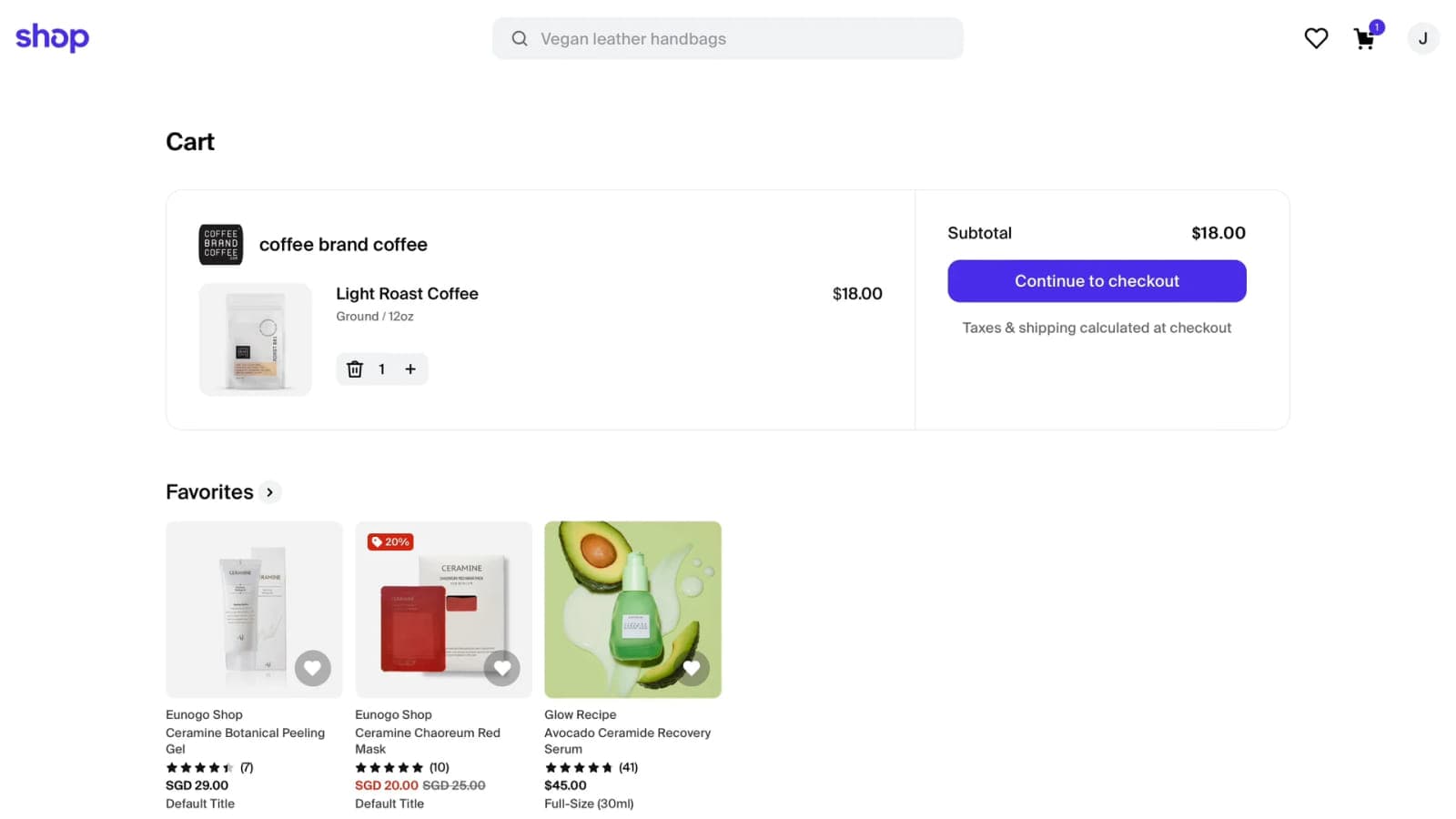 Интерфейс корзины в интернет-магазине Shop Дизайн корзины Shop с ярко выраженной кнопкой Checkout