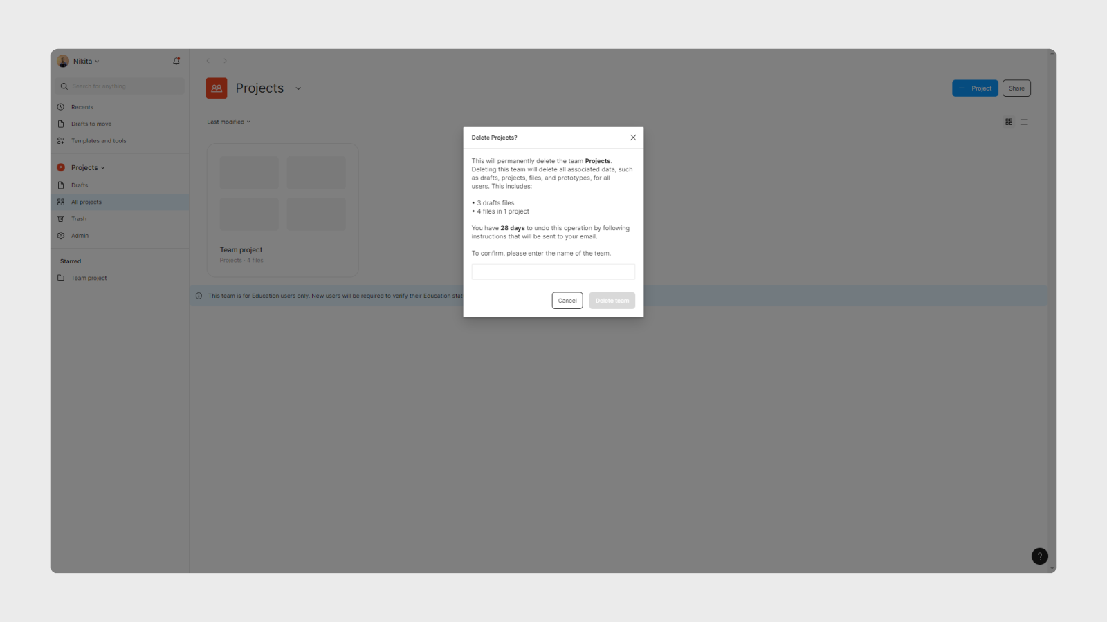 Всплывающее окно удаления команды в UI Figma