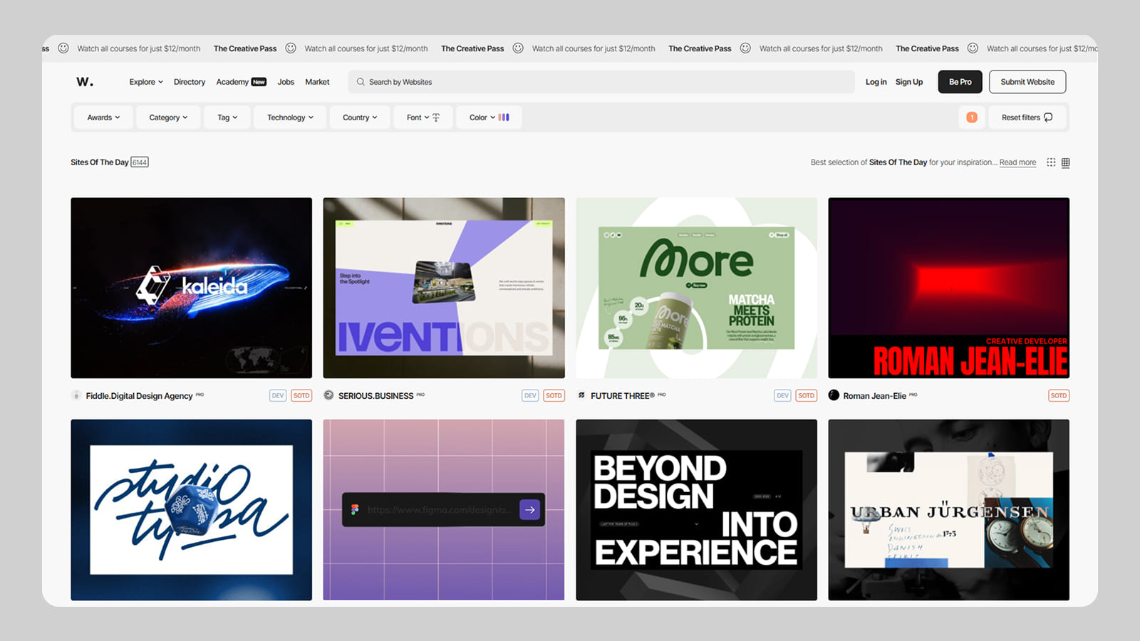 Фрагмент интерфейса Awwwards
