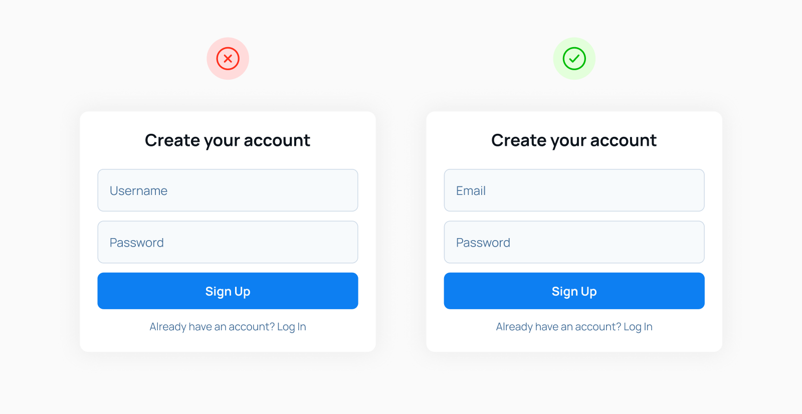 Сравнение двух дизайнов формы регистрации - с username и email