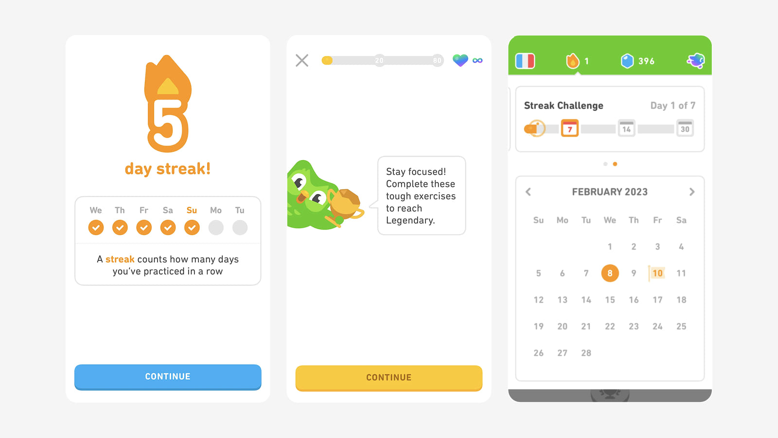 Интерфейс Duolingo: счётчик серии «5 day streak», прогресс урока и календарь Streak Challenge