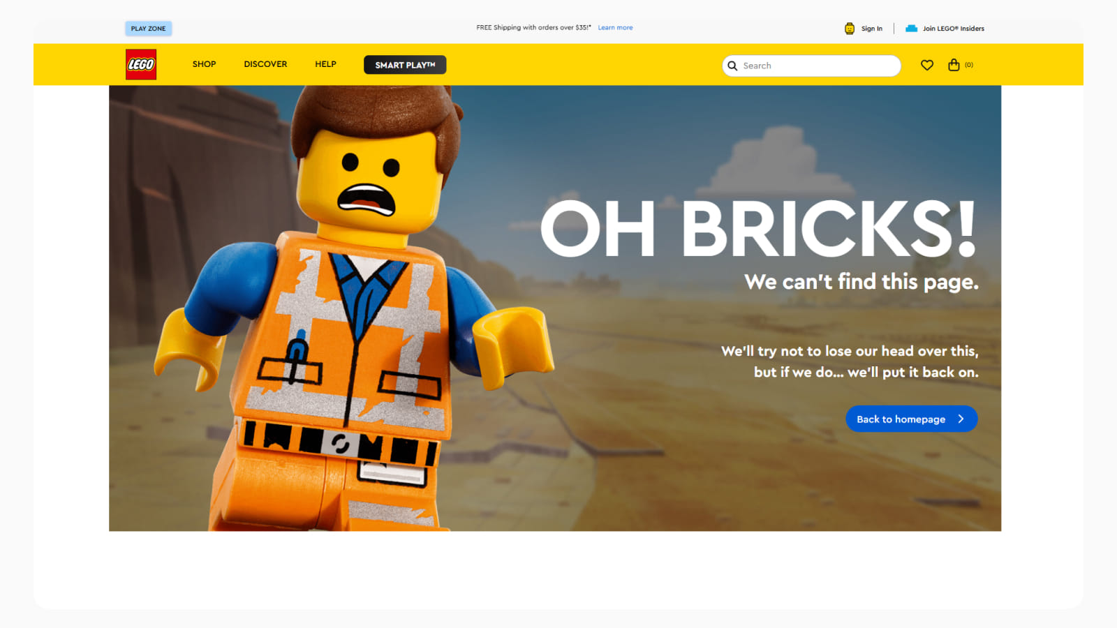 Интерфейс страниц 404 от Lego