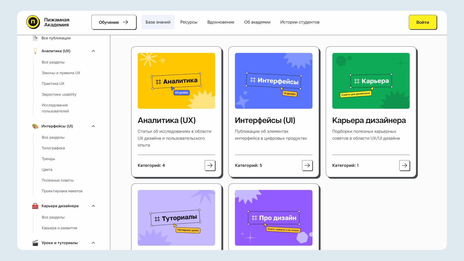 Страница Базы знаний на сайте Пижамной Академии
