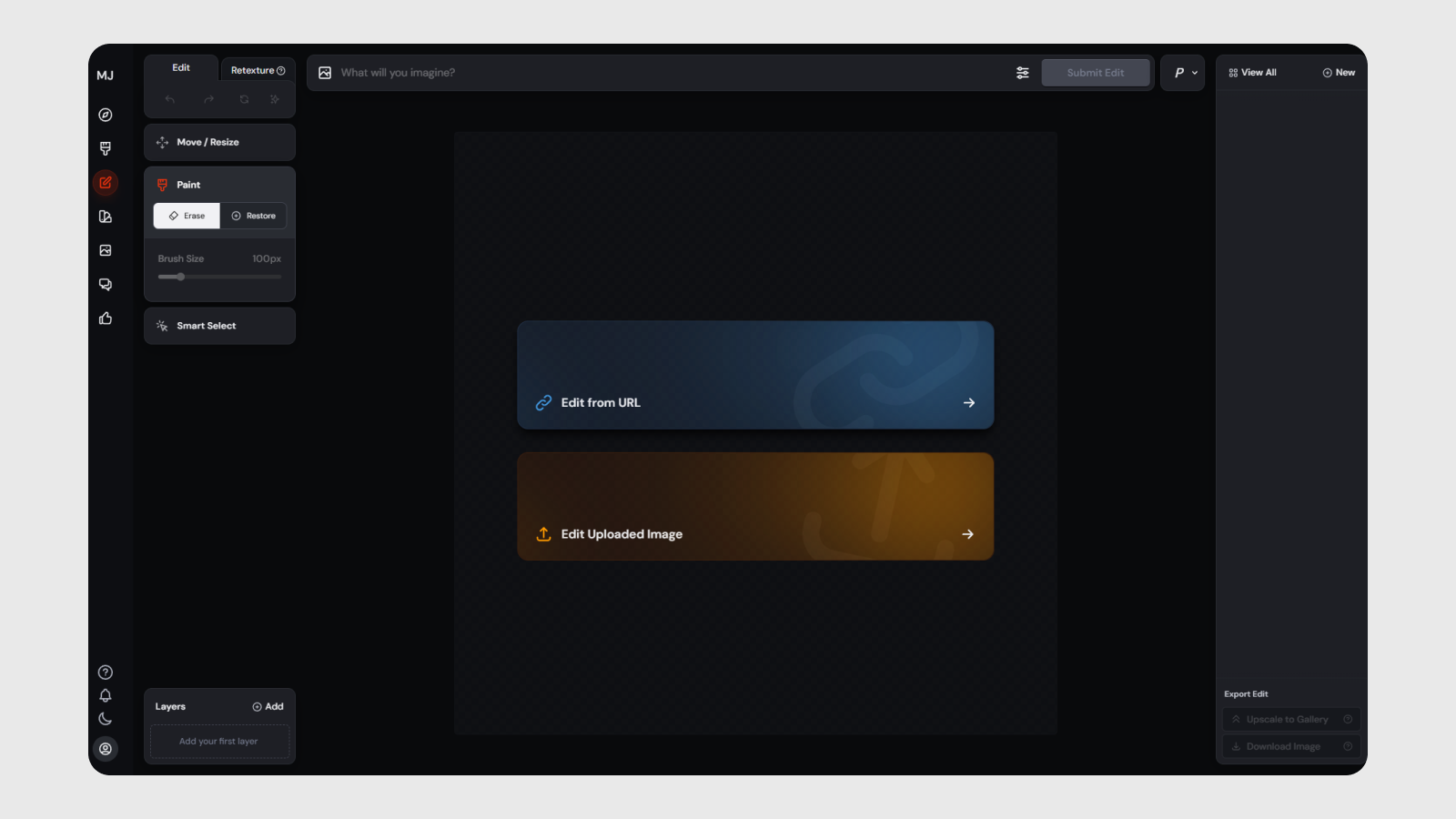 Интерфейс меню редактирования в Midjourney