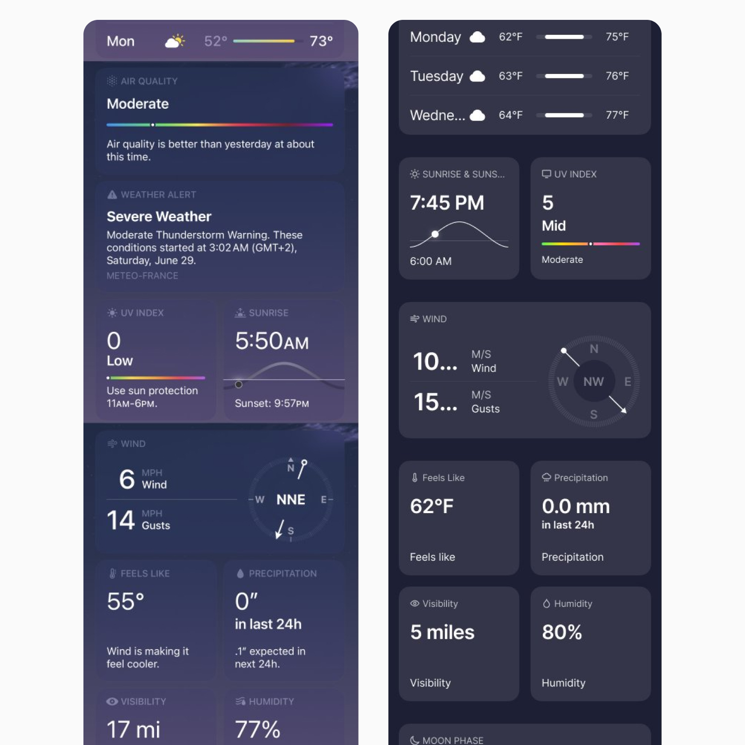 Сравнение дизайна Apple Weather и приложения погоды, сгенерированного в Figma