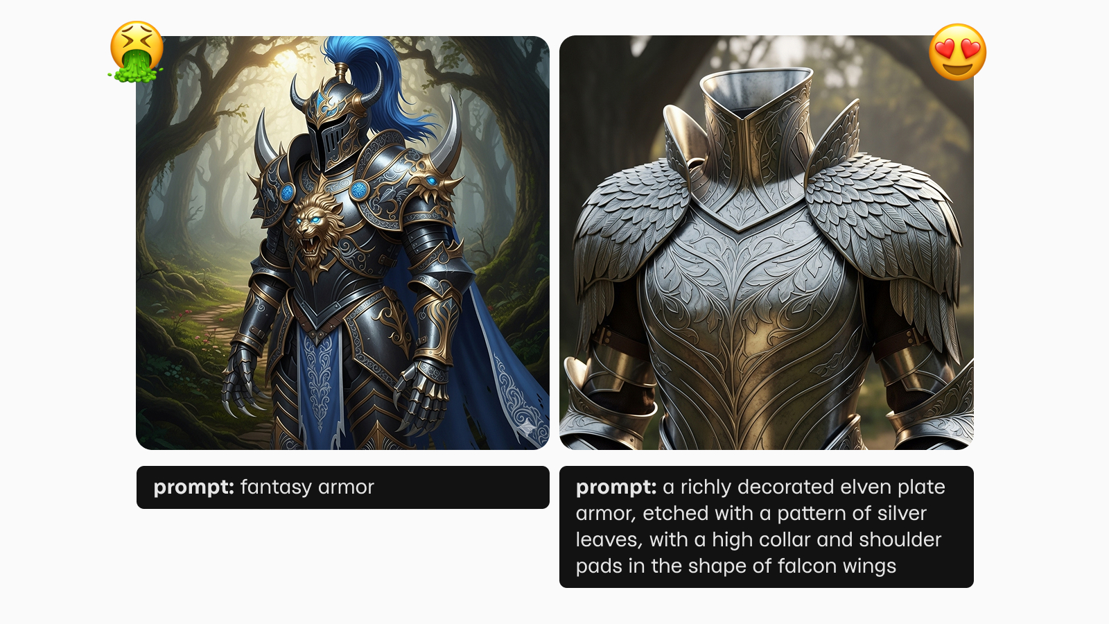 Хороший и плохой вариант промпта для генерации фантастических доспехов в Nano Banana