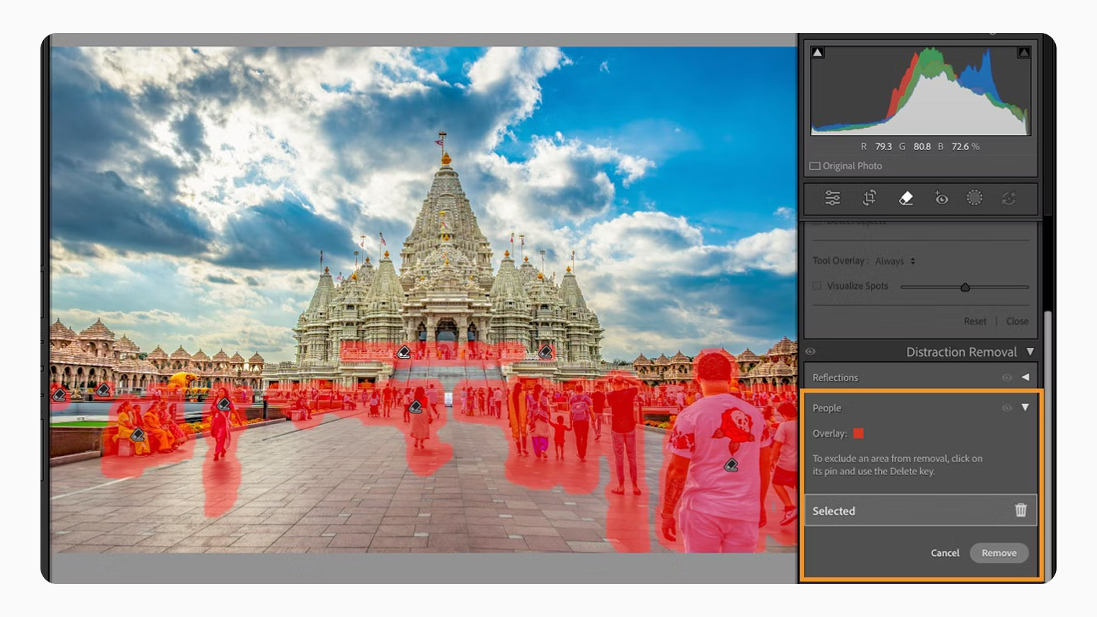Интерфейс функционала удаление людей со снимков в Lightroom