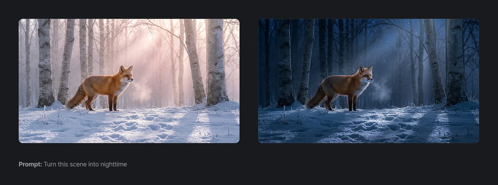 Фотография лисы при дневном и ночном освещении в Nano banana Pro