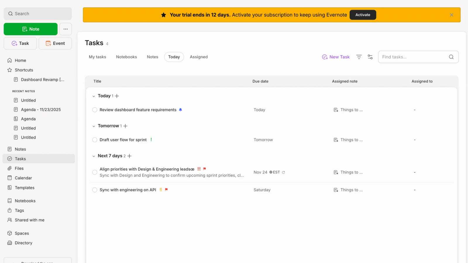 Интерфейс табов на примере приложения Evernote