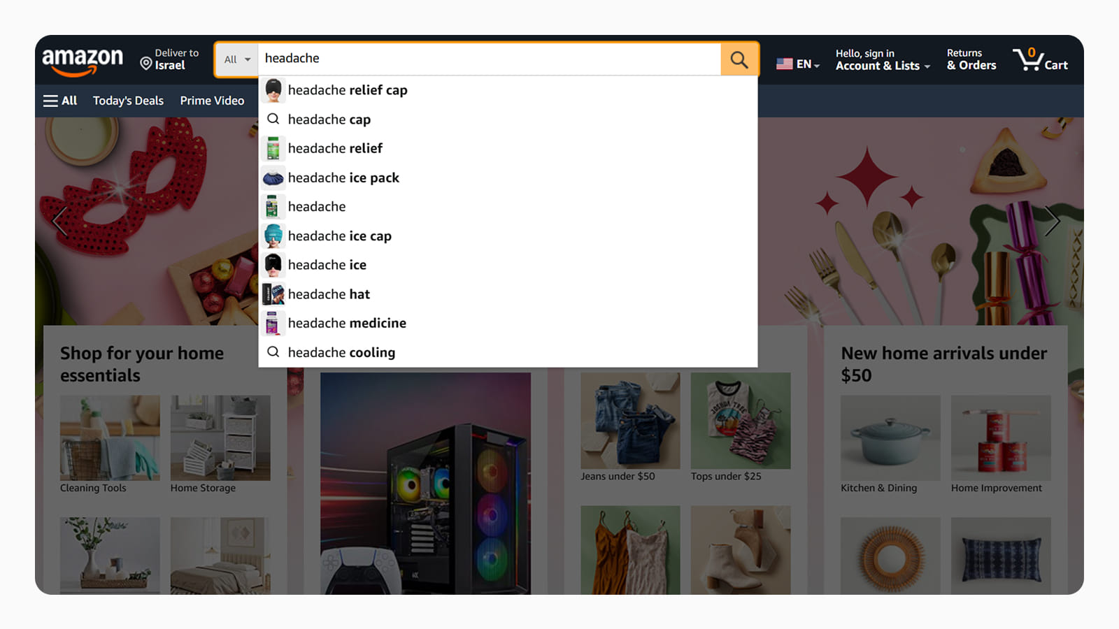 Автодополнение поиска в интерфейсе Amazon