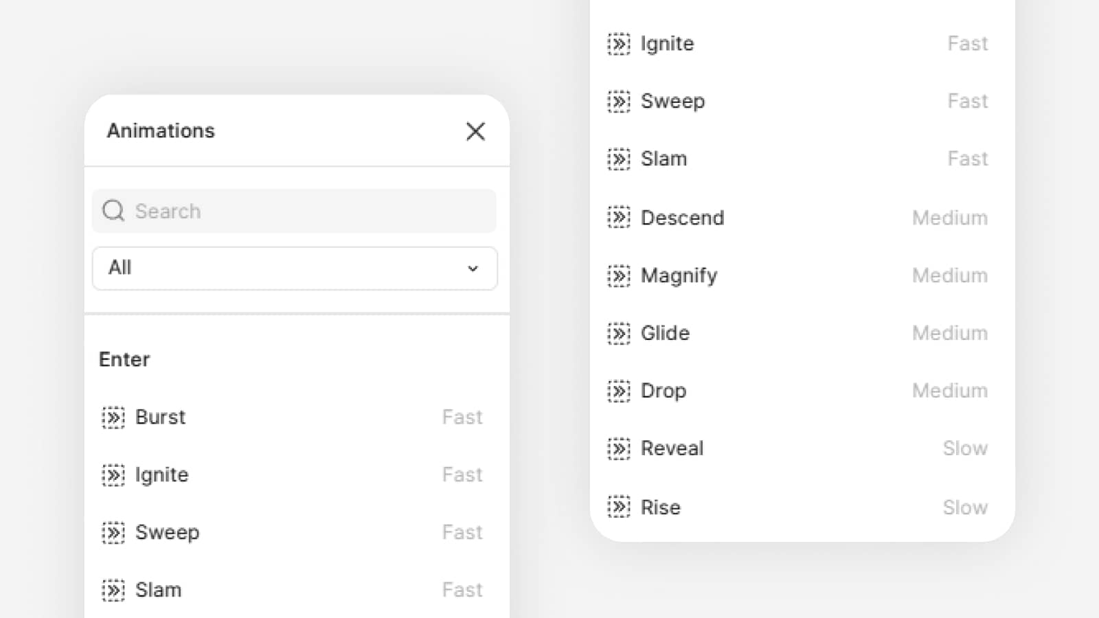 Пресеты анимаций и easing в Figma Motion Готовые пресеты анимаций fade, move и scale в панели Figma Motion
