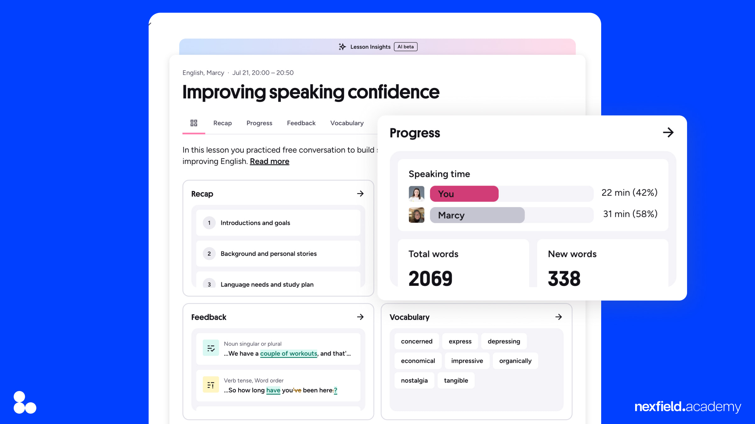 AI в интерфейсе Preply — экран Lesson Insights AI в UX: экран Lesson Insights в Preply с AI-разбором урока