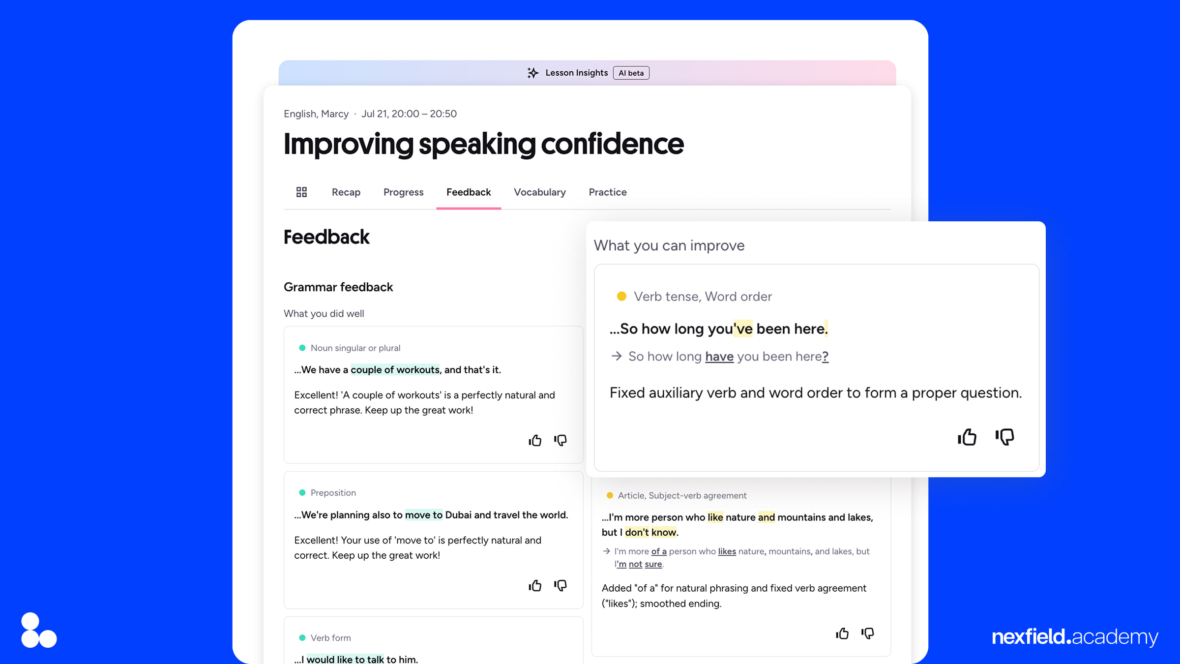 Preply UX — AI-фидбэк по ошибкам ученика Внедрение AI в продукт: экран с разбором ошибок и обратной связью после урока