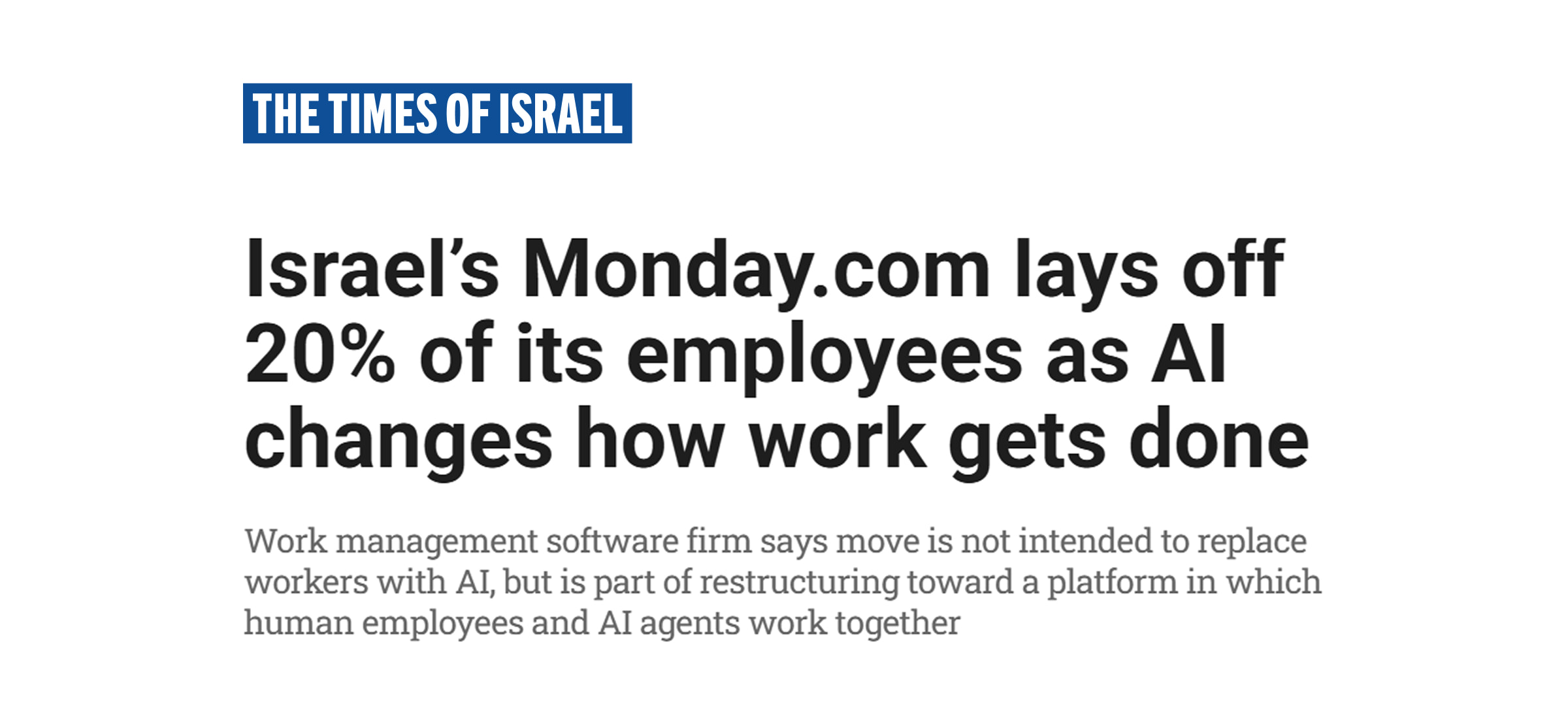 Заголовок Times of Israel об увольнении 20% сотрудников Monday.com из-за ИИ